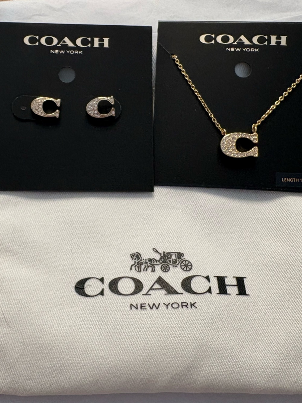 Coach Gold Crystal 'C' Necklace and Stud Earrings Set